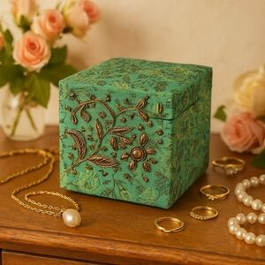 Vintage Embroidered Green Brocade Jewelry Trinket Box 4.5”x4.5"x4.5" Romantic Et